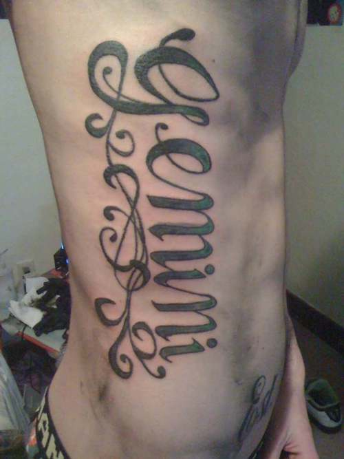 Lettering Nice Gemini Tattoo On Side Rib For Men