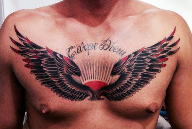 chest carpe diem tattoo with wings